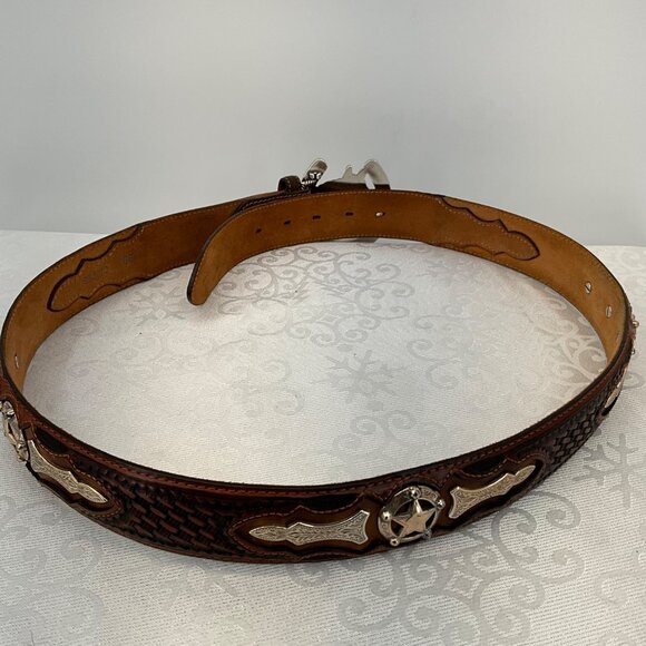 Justin Brown Leather Belt W/ Nocona Horse & Horseshoe Rhinestone Buckle Size 36 - Picture 7 of 7